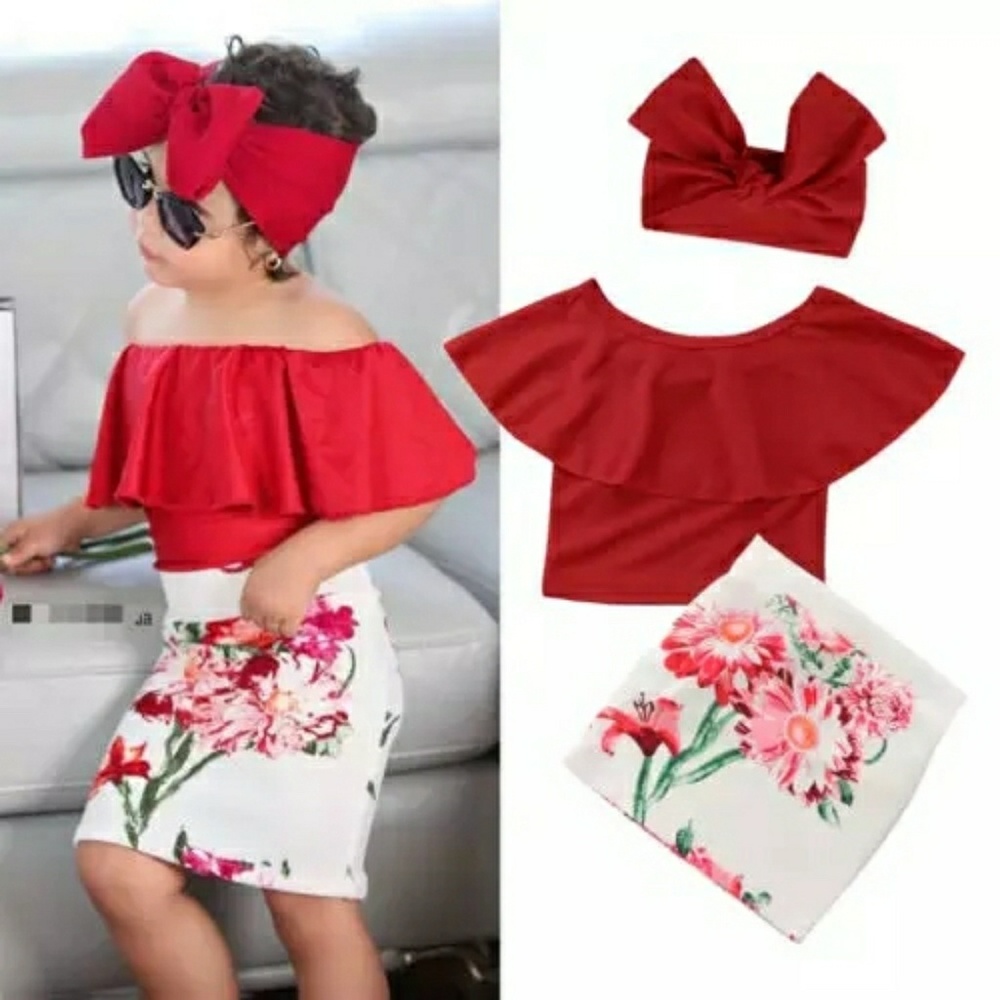 Girls Red Ruffle Top Floral Print Skirt Headband